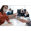 business people group on meeting using antibacterial  hand sanitizer to prevent coronavirus pandemic new normal covid19 outbreak concept