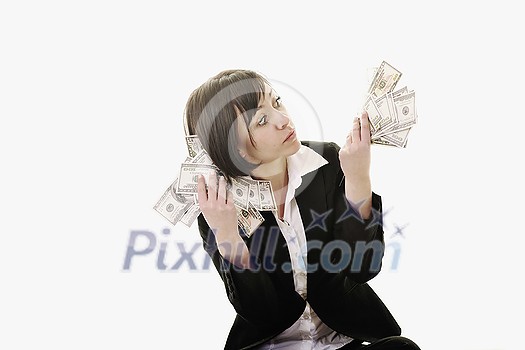 happy young business woman isolated on white playing with dollars money and representing success in finance happy young business woman isolated on white playing with dollars money and representing success in finance