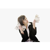 happy young business woman isolated on white playing with dollars money and representing success in finance