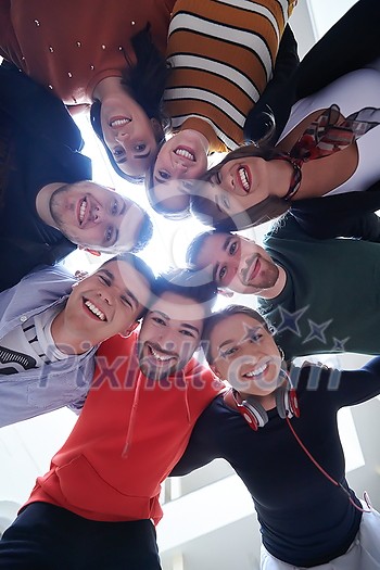 happy students celebrate, friends group together at school, young people raise hands, stack and get in circle formation together happy students celebrate, friends group together at school, young people raise hands, stack and get in circle formation together