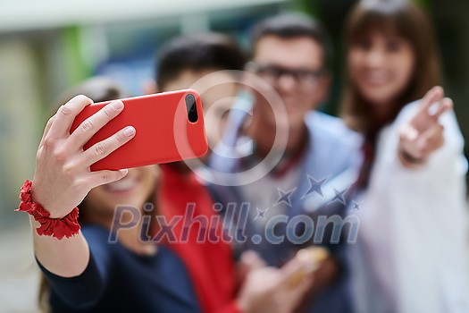 Selfie time!international students with beaming smiles are posing for selfie shot Selfie time!international students with beaming smiles are posing for selfie shot