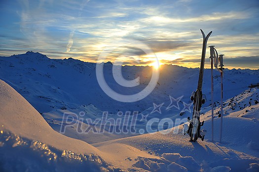 mountain snow ski with beautiful sunset in background mountain snow ski with beautiful sunset in background
