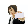 young business woman isolated on white showing and displaying empty business card ready for text