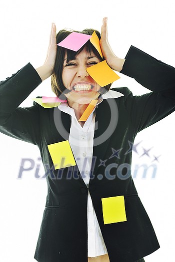 one frustrated young business woman with many of post it representing concept memory and frustration on work one frustrated young business woman with many of post it representing concept memory and frustration on work