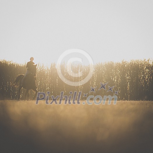 Female horse rider riding outdoors on her lovely horse - focus on the trees in the background, makes for a very atmospheric image Female horse rider riding outdoors on her lovely horse - focus on the trees in the background, makes for a very atmospheric image