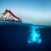 Group of friends on a boat . Guy diving underwater