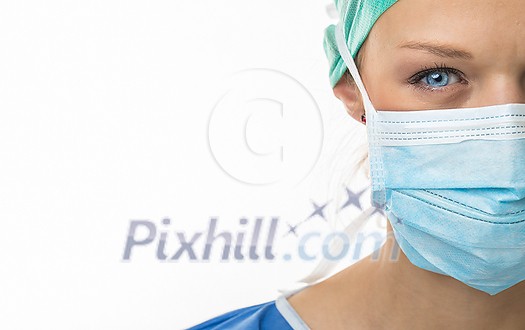 Portrait of a female doctor feeling down, exhausted, frustrated, very tired,.... on white background Portrait of a female doctor feeling down, exhausted, frustrated, very tired,.... on white background