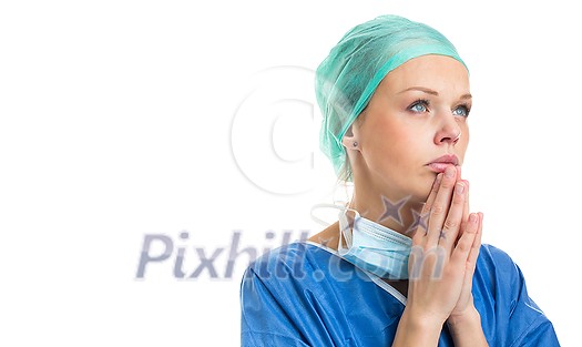Portrait of a female doctor feeling down, exhausted, frustrated, very tired,.... on white background Portrait of a female doctor feeling down, exhausted, frustrated, very tired,.... on white background