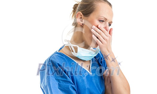 Portrait of a female doctor feeling down, exhausted, frustrated, very tired,.... on white background Portrait of a female doctor feeling down, exhausted, frustrated, very tired,.... on white background