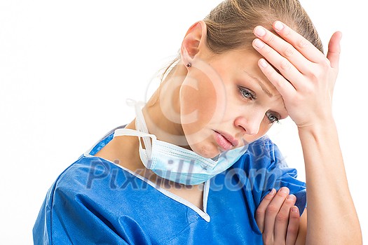 Portrait of a female doctor feeling down, exhausted, frustrated, very tired,.... on white background Portrait of a female doctor feeling down, exhausted, frustrated, very tired,.... on white background
