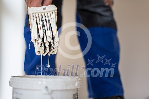 Painter man at work with a paint bucket, wall painting concept Painter man at work with a paint bucket, wall painting concept
