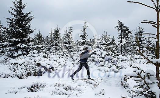Young man cross-country skiing through snowy alpine landscape (motion blurred image) Young man cross-country skiing through snowy alpine landscape (motion blurred image)