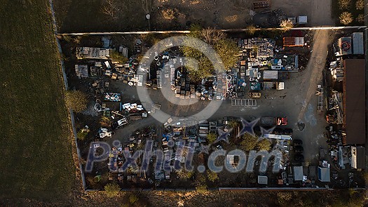 Metal recycling industry. Drone aerial view of scrap yard Metal recycling industry. Drone aerial view of scrap yard