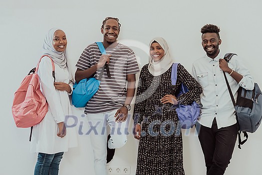 photo of a group of happy African students talking and meeting together working on homework girls wearing traditional Sudanese Muslim hijab. High-quality photo photo of a group of happy African students talking and meeting together working on homework girls wearing traditional Sudanese Muslim hijab. High-quality photo