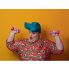 Fat woman dieting, fitness and health at home.Big woman and sport. Healthy, fitness and sports concept. Plus size young woman doing exercise with dumbbells on yellow background. High quality photo