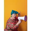 Funny plus size woman posing isolated on yellow background studio portrait. Overweight lady screaming in a megaphone. People emotions lifestyle concept. Mock up copy space. High quality photo