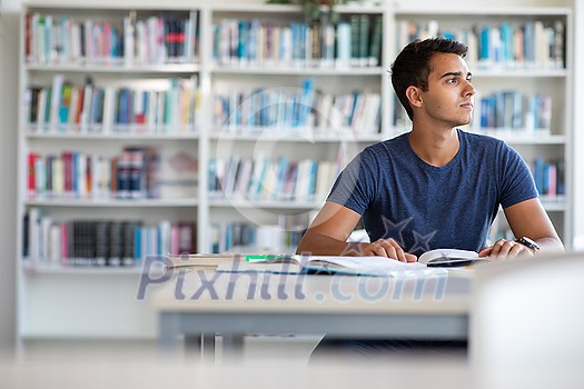 Students in a library - handsome student reading a book for his class in a bright modern library Students in a library - handsome student reading a book for his class in a bright modern library