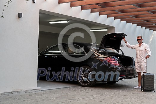 A senior man in a garage with glasses and modern casual clothes takes out his suitcases from the car. Selective focus. High-quality photo A senior man in a garage with glasses and modern casual clothes takes out his suitcases from the car. Selective focus. High-quality photo