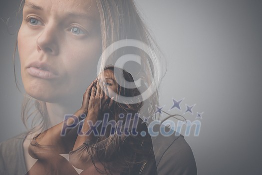 Depressed, anxious young woman suffering from mental disorders, illness Depressed, anxious young woman suffering from mental disorders, illness