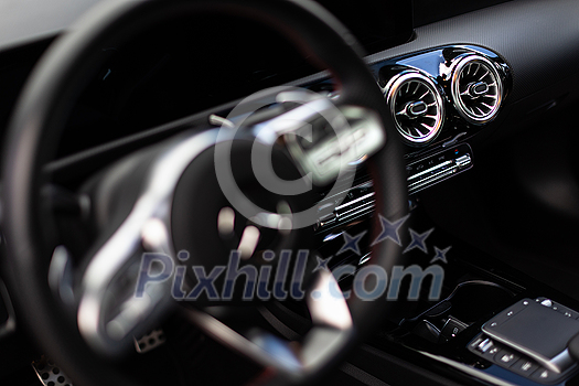 Luxury modern car Interior. Detail of sporty modern vehicle interior. Luxury modern car Interior. Detail of sporty modern vehicle interior.