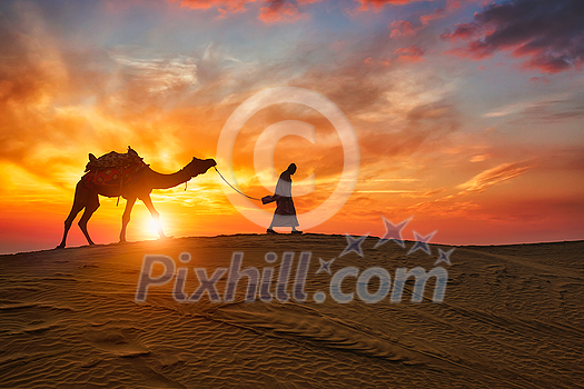 Indian cameleer (camel driver) bedouin with camel silhouettes in sand dunes of Thar desert on sunset. Caravan in Rajasthan travel tourism background safari adventure. Jaisalmer, Rajasthan, India Indian cameleer (camel driver) bedouin with camel silhouettes in sand dunes of Thar desert on sunset. Caravan in Rajasthan travel tourism background safari adventure. Jaisalmer, Rajasthan, India