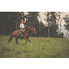 Pretty, young, redhead woman with her lovely horse, during her favorite leisure