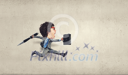 Funny picture of running man with big head over cement background Funny picture of running man with big head over cement background