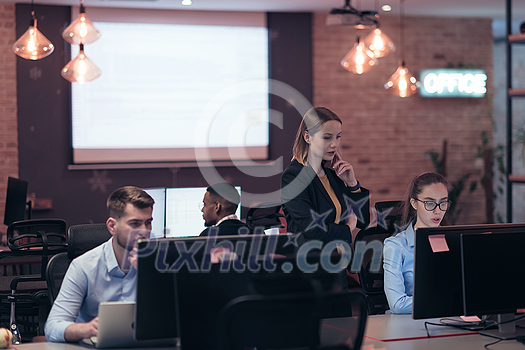 Business people team experienced in work on business project training coaching man coworker, pleasant lady qualified consultant advisor assisting male client customer at the computer.High quality photo Business people team experienced in work on business project training coaching man coworker, pleasant lady qualified consultant advisor assisting male client customer at the computer.High quality photo