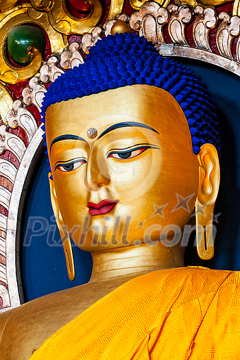 Gilded statue of Sakyamuni Buddha in Tsuglagkhang temple. McLeod Ganj, Himachal Pradesh, India
