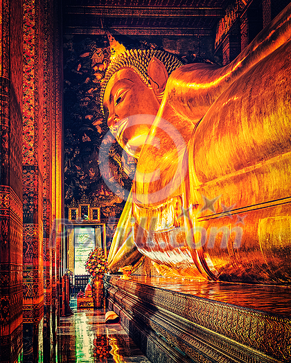 Vintage retro effect filtered hipster style image of reclining Buddha gold statue. Wat Pho, Bangkok, Thailand Vintage retro effect filtered hipster style image of reclining Buddha gold statue. Wat Pho, Bangkok, Thailand