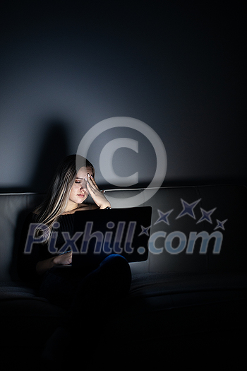 Teenage girl studying in a virtual class. Distance education and learning, e-learning, online learning concept during quarantine, pandemics Teenage girl studying in a virtual class. Distance education and learning, e-learning, online learning concept during quarantine, pandemics