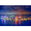 Aerial view of illuminated Hong Kong skyline cityscape downtown skyscrapers over Victoria Harbour in the evening. Hong Kong, China