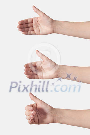 Set of variations female hand holding something like a bottle or can isolated on white background. Soft grab action woman hands. Set of variations female hand holding something like a bottle or can isolated on white background. Soft grab action woman hands.