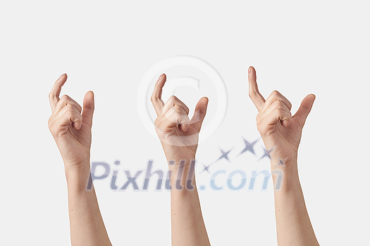 Horizontal female hands making size gesture that measuring, thickness with fingers, isolated on white background. Hand with fingers open steps. Horizontal female hands making size gesture that measuring, thickness with fingers, isolated on white background. Hand with fingers open steps.
