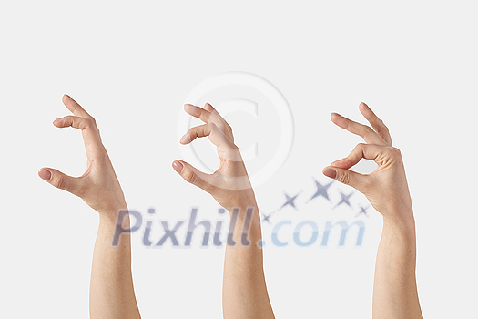 Horizontal female hands making the gesture that measuring or size or girth, thickness with fingers, isolated on white background. Hand with fingers open steps. Horizontal female hands making the gesture that measuring or size or girth, thickness with fingers, isolated on white background. Hand with fingers open steps.