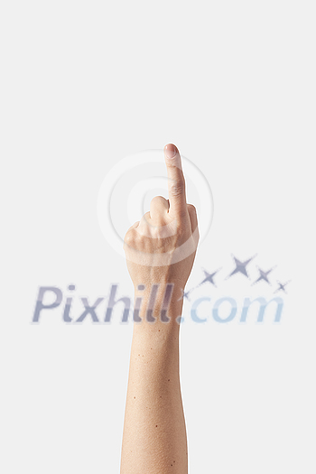 Numeric count on fingers, female outer hand in vertical position with one, 1, first, D in finger alphabet isolated on white background. American sign language. Counting fingers concept.