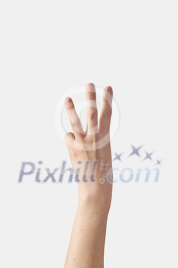 Numeric count on fingers, female outer hand in vertical position with sixth, 6, six, W in finger alphabet isolated on white background. American sign language. Counting fingers concept. Numeric count on fingers, female outer hand in vertical position with sixth, 6, six, W in finger alphabet isolated on white background. American sign language. Counting fingers concept.