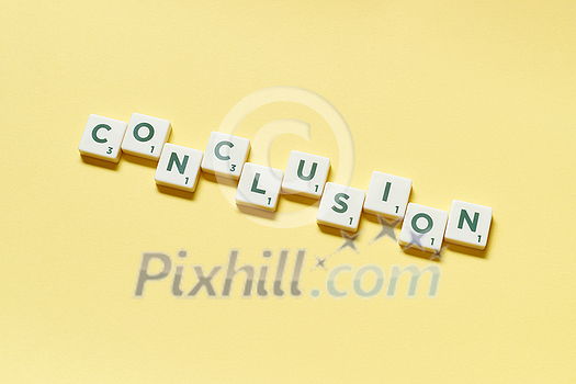 Conclusion word formed of scrabble tiles on yellow background. Creative business postcard idea in pastel palette. Conclusion word formed of scrabble tiles on yellow background. Creative business postcard idea in pastel palette.