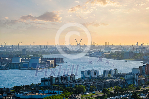 View of Rotterdam port and Nieuwe Maas river on sunset
