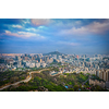 Aerial view of Seoul downtown cityscape and Namsan Seoul Tower on sunset from Inwang mountain. Seoul, South Korea.