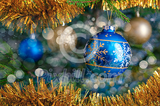 Christmas celebration holiday background - christmas-tree decoration bauble on decorated Christmas tree with defocused blurred lights bokeh and copyspalce Christmas celebration holiday background - christmas-tree decoration bauble on decorated Christmas tree with defocused blurred lights bokeh and copyspalce