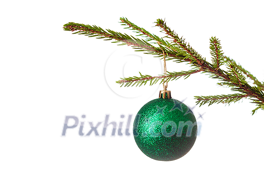 Christmas celebration holiday background with copyspace - Christmas-tree decoration bauble on decorated Christmas tree branch isolated on white background Christmas celebration holiday background with copyspace - Christmas-tree decoration bauble on decorated Christmas tree branch isolated on white background