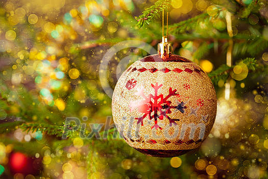Christmas celebration holiday background - christmas-tree decoration bauble on decorated Christmas tree with defocused blurred lights bokeh and copyspalce Christmas celebration holiday background - christmas-tree decoration bauble on decorated Christmas tree with defocused blurred lights bokeh and copyspalce