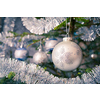 Christmas celebration holiday background - christmas-tree decoration bauble on decorated Christmas tree with defocused blurred lights bokeh and copyspalce