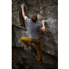 A rock climber climbing on a boulder rock outdoors. Group of friends involved in sports outside.