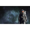 Astronaut against dark night sky background. Mixed media