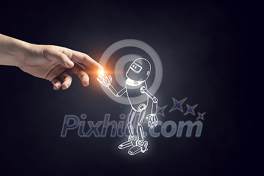 Human hand touching with finger robot sketched design Human hand touching with finger robot sketched design