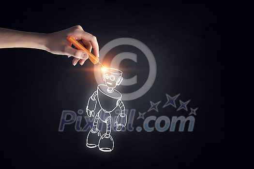 Human hand touching with finger robot sketched design Human hand touching with finger robot sketched design