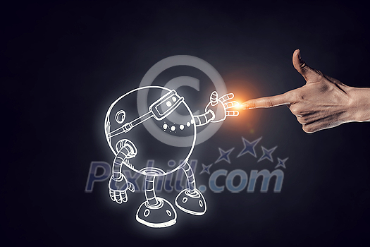 Human hand touching with finger robot sketched design Human hand touching with finger robot sketched design