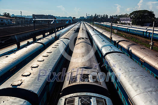 Indian trains at train station aerial view. Trivandrum, Kerala, India Indian trains at train station aerial view. Trivandrum, Kerala, India